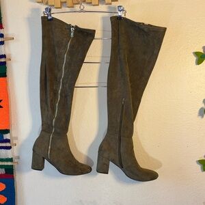 Brown faux suede over the knee boots with a 2 1/2 inch heel. EUC.